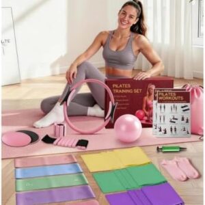15-in-1 Pilates Kit for Women with Ring and Ball (Upgraded) – Home Workout Set with Resistance Bands, Ankle Weights & Core Sliders for Full-Body Sculpting and Fat Burning, Ideal for Home Exercise