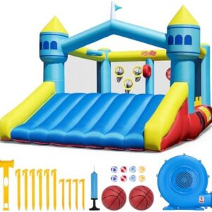 Bounce House, 6-in-1 Play Mode Inflatable Bounce House for Kids, High Elasticity Bouncy House with 480W Blower, Bouncy Castle with Wide Slide for Christmas, Birthday Parties