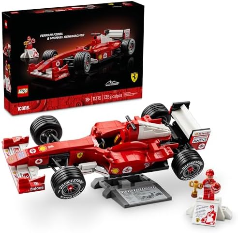 LEGO Icons Ferrari F2004 & Michael Schumacher Building Set for Adults, Ages 18+ – Ferrari F1 Bedroom, Home Office, Desk Decor – Gift Ideas for Men, Women & Fans – 11375