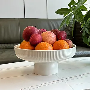 Ceramic Fruit Bowl,11″ Decorative Bowl, Large Fruit Bowl for Kitchen Counter, Pedestal Bowl, Kitchen Counter Décor, Bread Candy Snacks Organizer, White (5.3 lbs, 68oz)