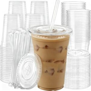 100 Pack 16 oz Plastic Cups with Lids and Straws, Clear Disposable Plastic Cups, Heavy Duty Iced Coffee Cups with Leak-Resistant Lids, Cold Drink Cups for Smoothies, Juice, Soda & Party To Go