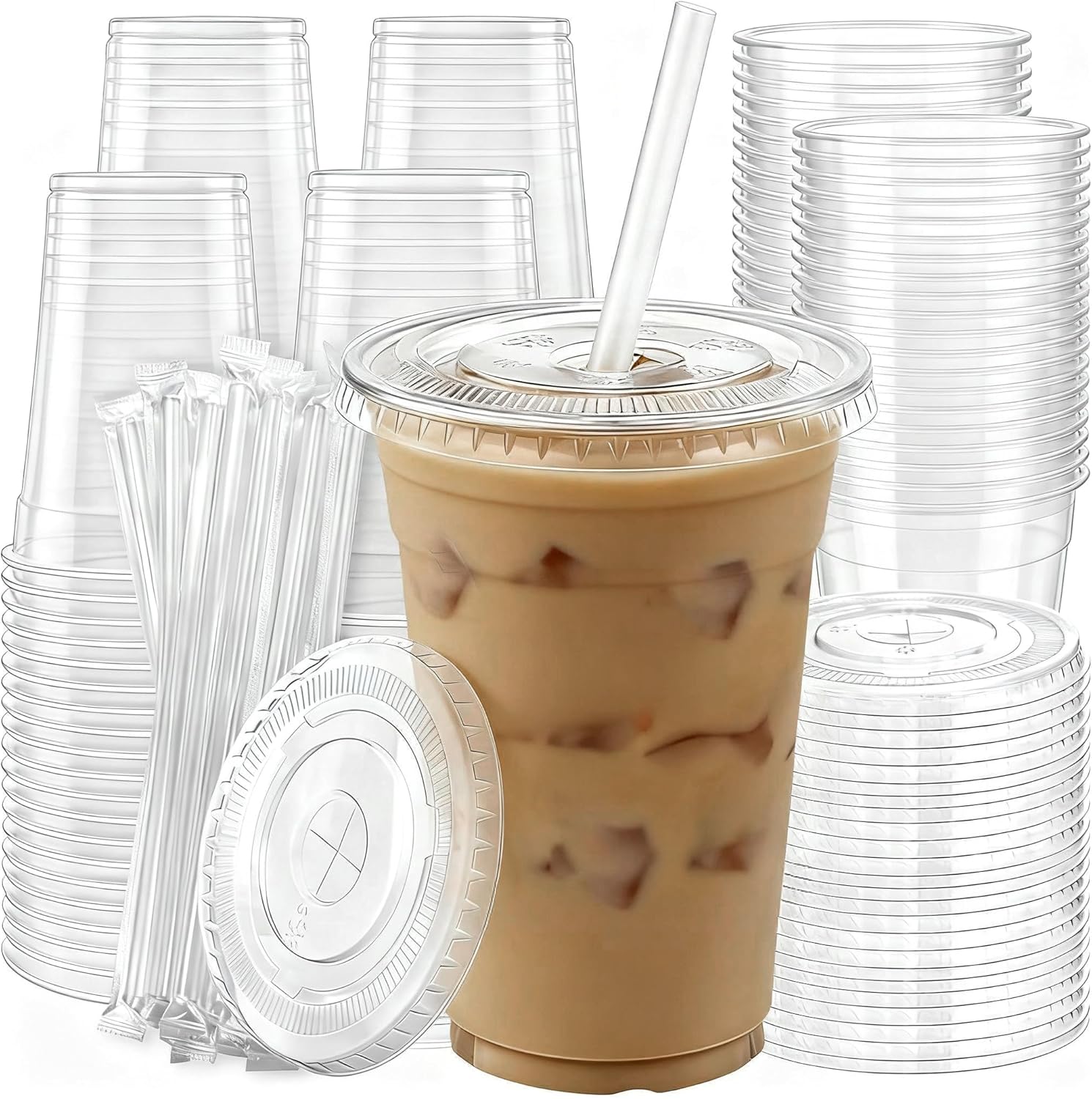 814yQWACNL._AC_SL1500_.jpg 100 Pack 16 oz Plastic Cups with Lids and Straws, Clear Disposable Plastic Cups, Heavy Duty Iced Coffee Cups with Leak-Resistant Lids, Cold Drink Cups for Smoothies, Juice, Soda & Party To Go
